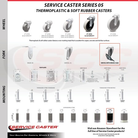 Service Caster 4 Inch Thermoplastic Wheel 1-3/4 Inch Expanding Stem Caster with Brakes, 4PK SCC-EX05S410-TPRS-SLB-134-4